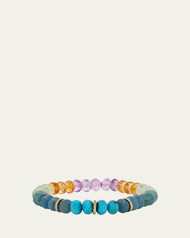 14K Rainbow Multi Stone 8mm Faceted Bracelet with 3 Pave Diamond Rondelles